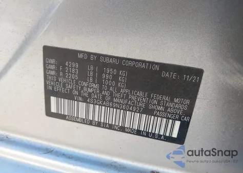 2022 Subaru Impreza из США, поврежденный, VIN 4S3GKAB69N3604927